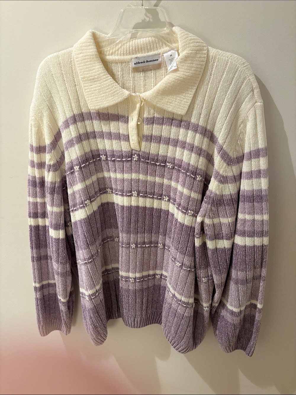 Alfred Dunner Cream and Lavender Striped Collared Pullover